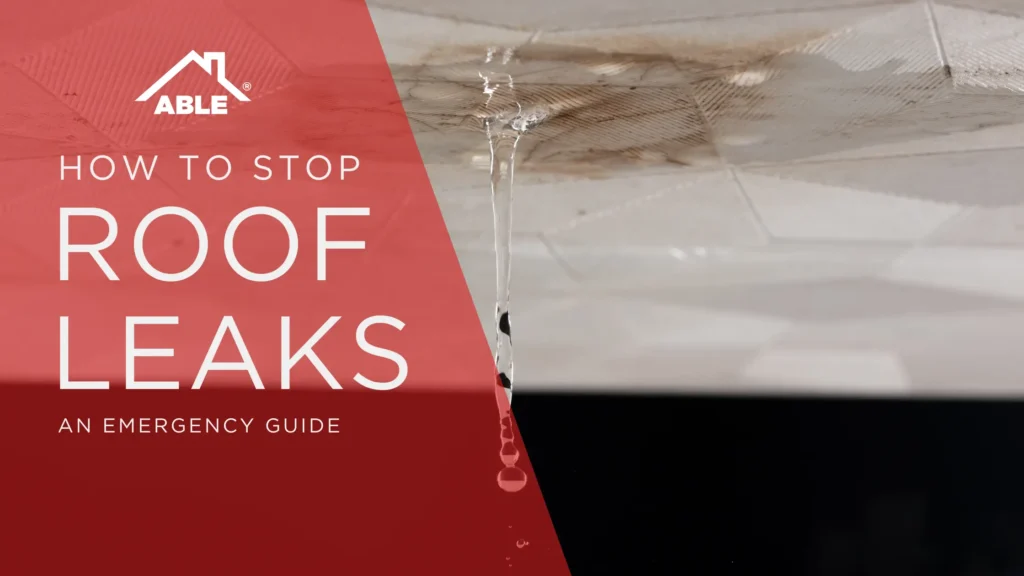 How to stop roof leaks. image showing ceiling water damage from roof leak.